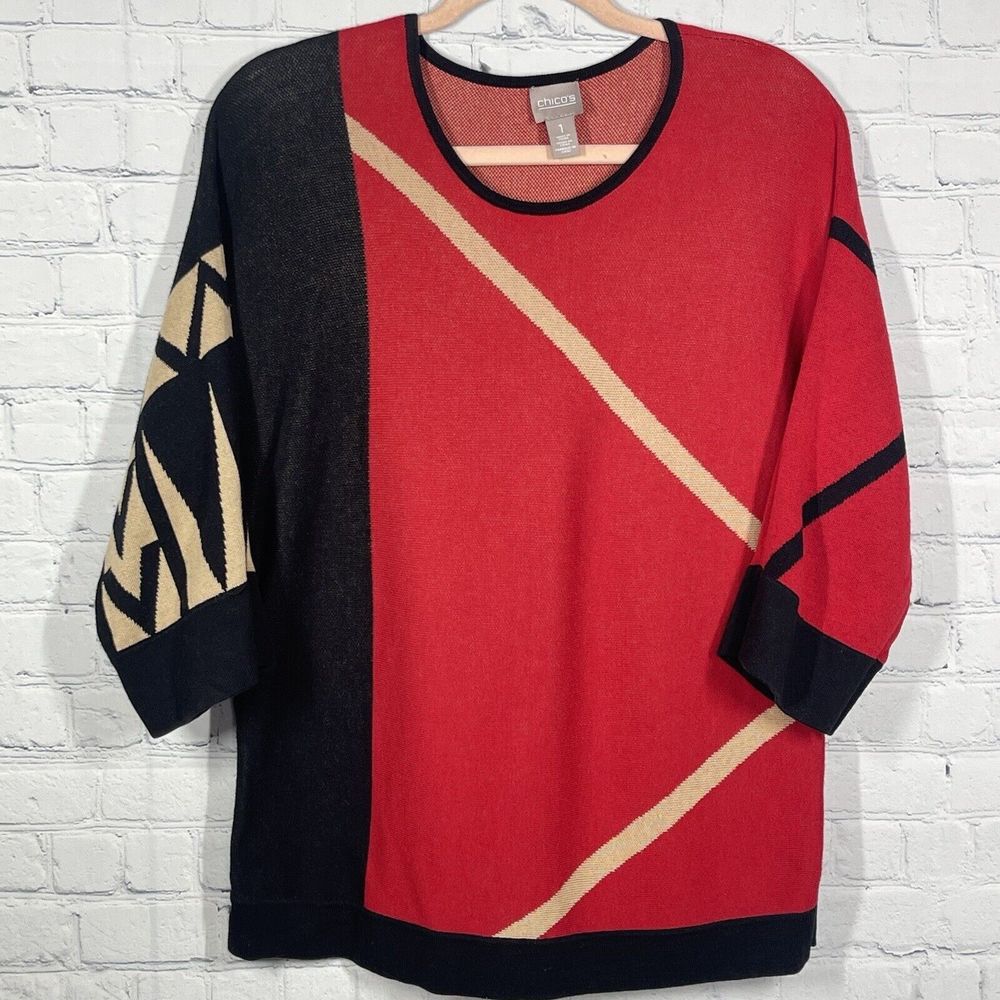 Chicos Top Medium Red Black Knit Fitted Short Sleeve Knit Abstract Tunic